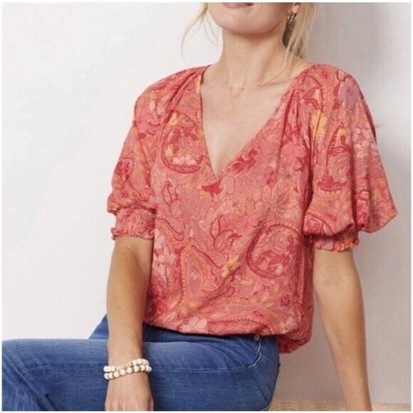 Evereve Puff Isla Orange Floral Blouse Boho Work Office Preppy Womens Medium - Picture 1 of 9
